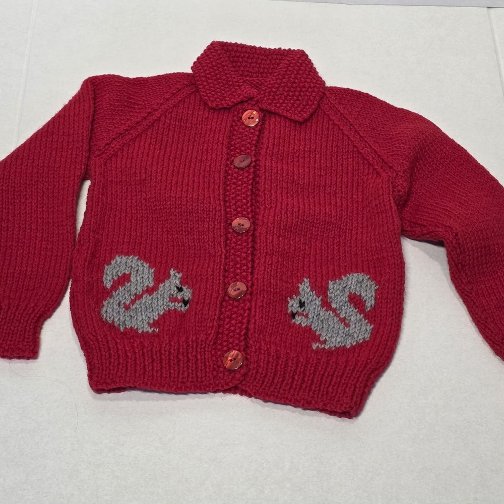 Handmade Knit Squirrel Sweater - Cardigan Button Up Kids Size 4 Boy Or Girls